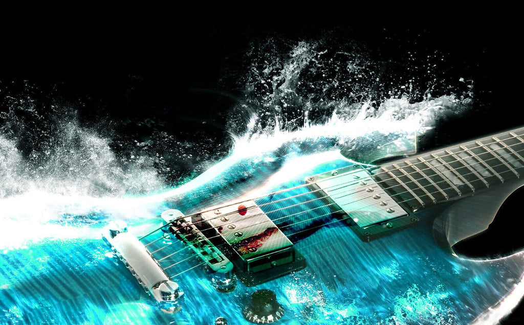 Guitar In Blue And Waves Music CANVAS WALL ART PICTURE PRINT