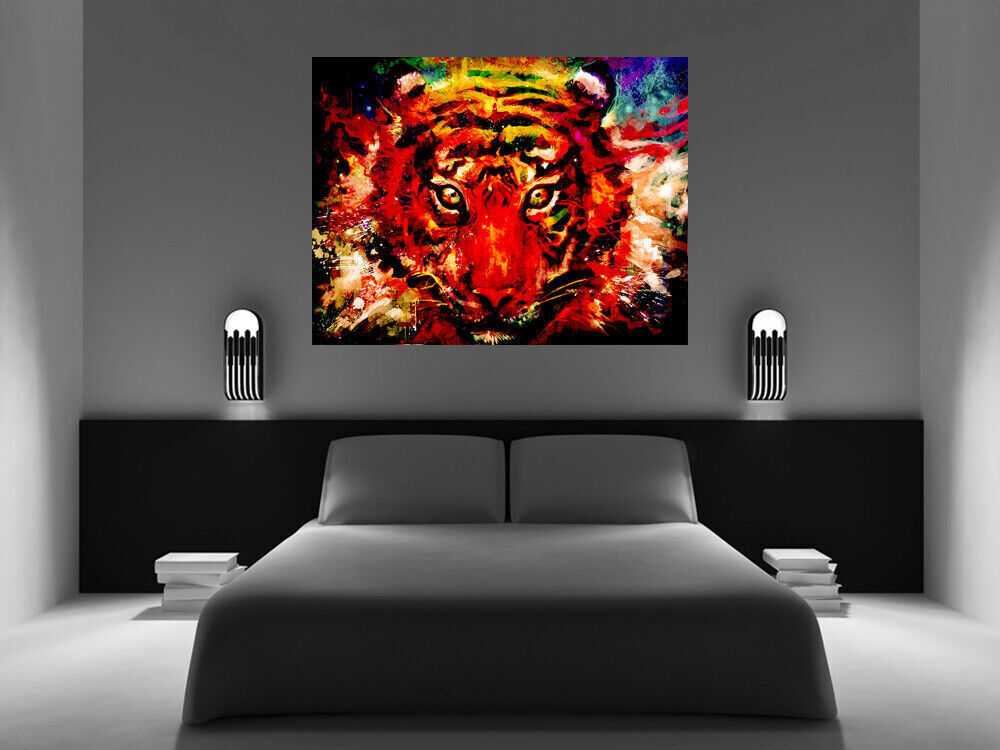 Multi Coloured Abstract Tiger Animal Canvas Wall Art Picture Print