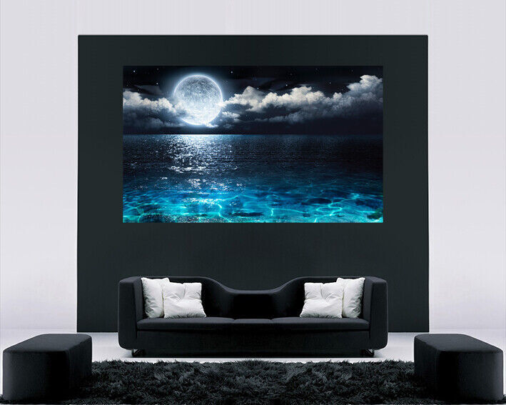 Full Moon on Sea at Night Seascape CANVAS WALL ART Picture Print - Blue
