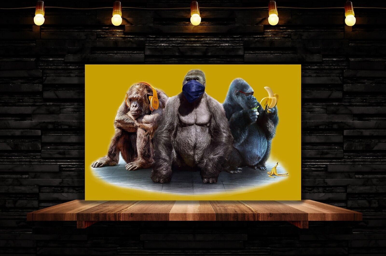 Mustard 3 Modern Wise Gorillas Abstract Canvas Wall Art Picture Print