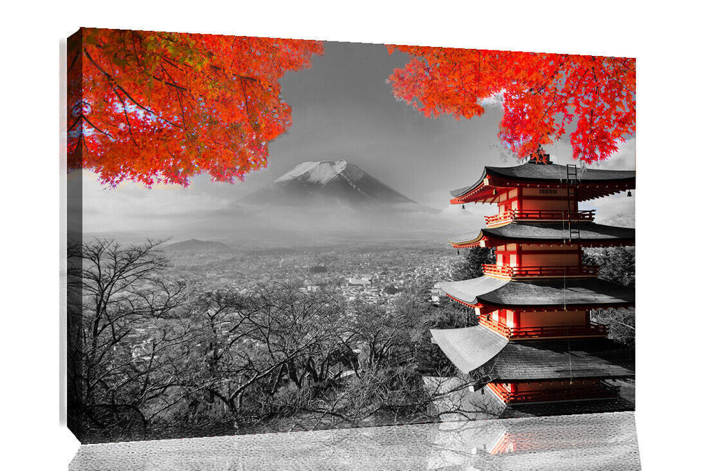 Japanese Temple In Autumn Black White Red Canvas Wall Art Picture Print