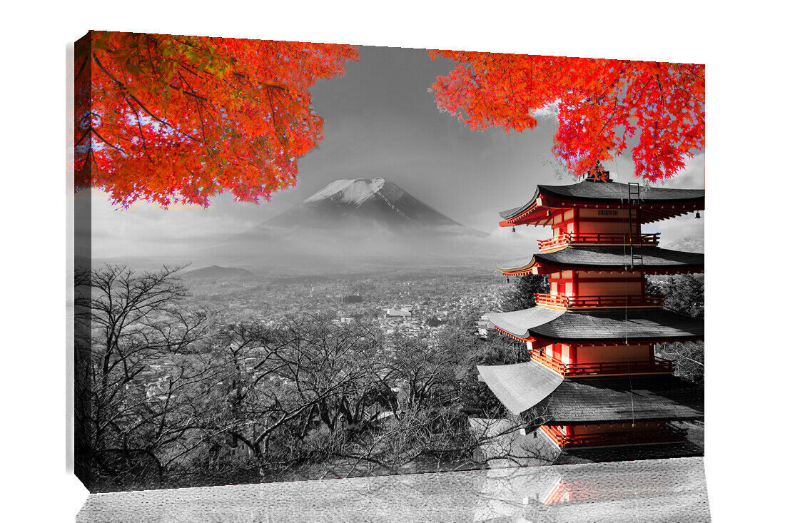 Japanese Temple In Autumn Black White Red Canvas Wall Art Picture Print