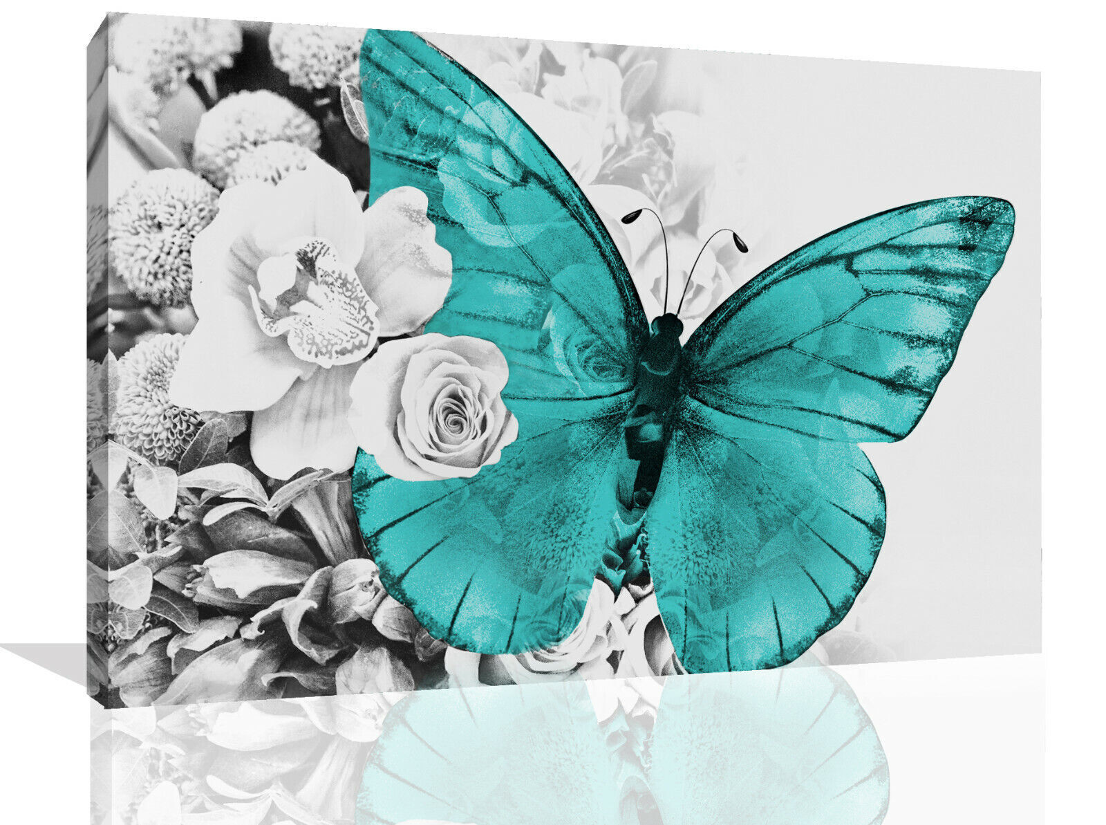 Duck Egg Blue butterfly on grey floral abstract background Canvas Wall Art Print