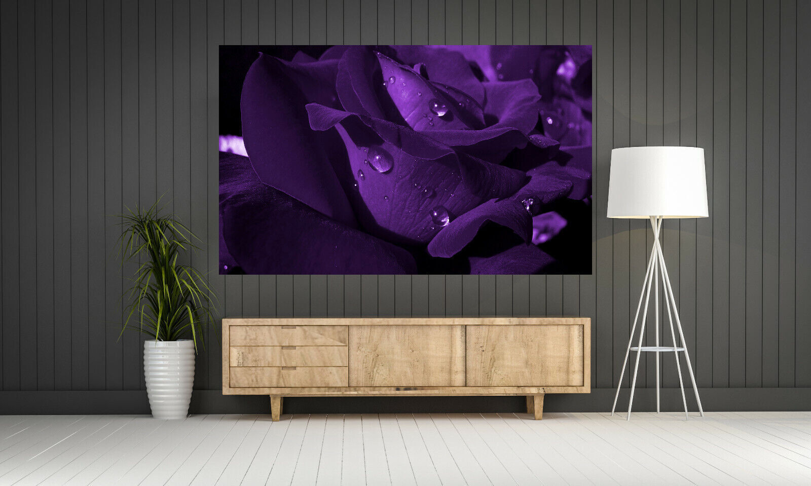 Close up Dark Purple Flower with raindrops Canvas Wall Art Picture Print