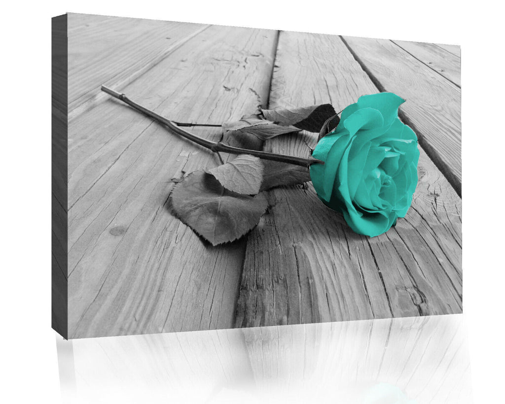 Large Duck Egg Blue and Grey Rose Flower Canvas Wall Art Picture Print