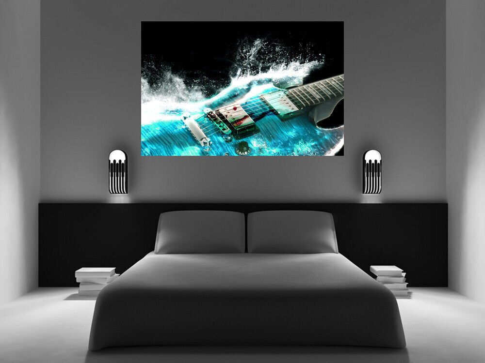 Guitar In Blue And Waves Music CANVAS WALL ART PICTURE PRINT