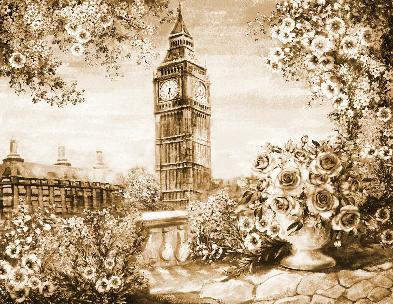 Sepia Summer In London Floral Canvas Wall Art Picture Print