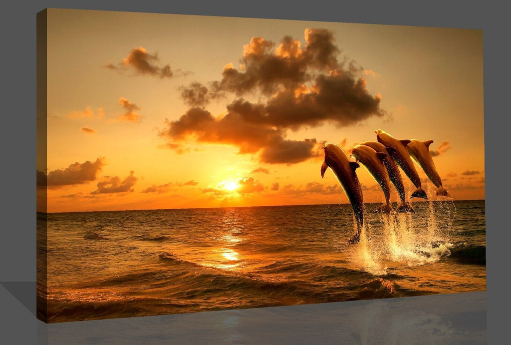 Yellow Sunset With Dolphins Jumping in Sea Canvas Wall Art Picture Print