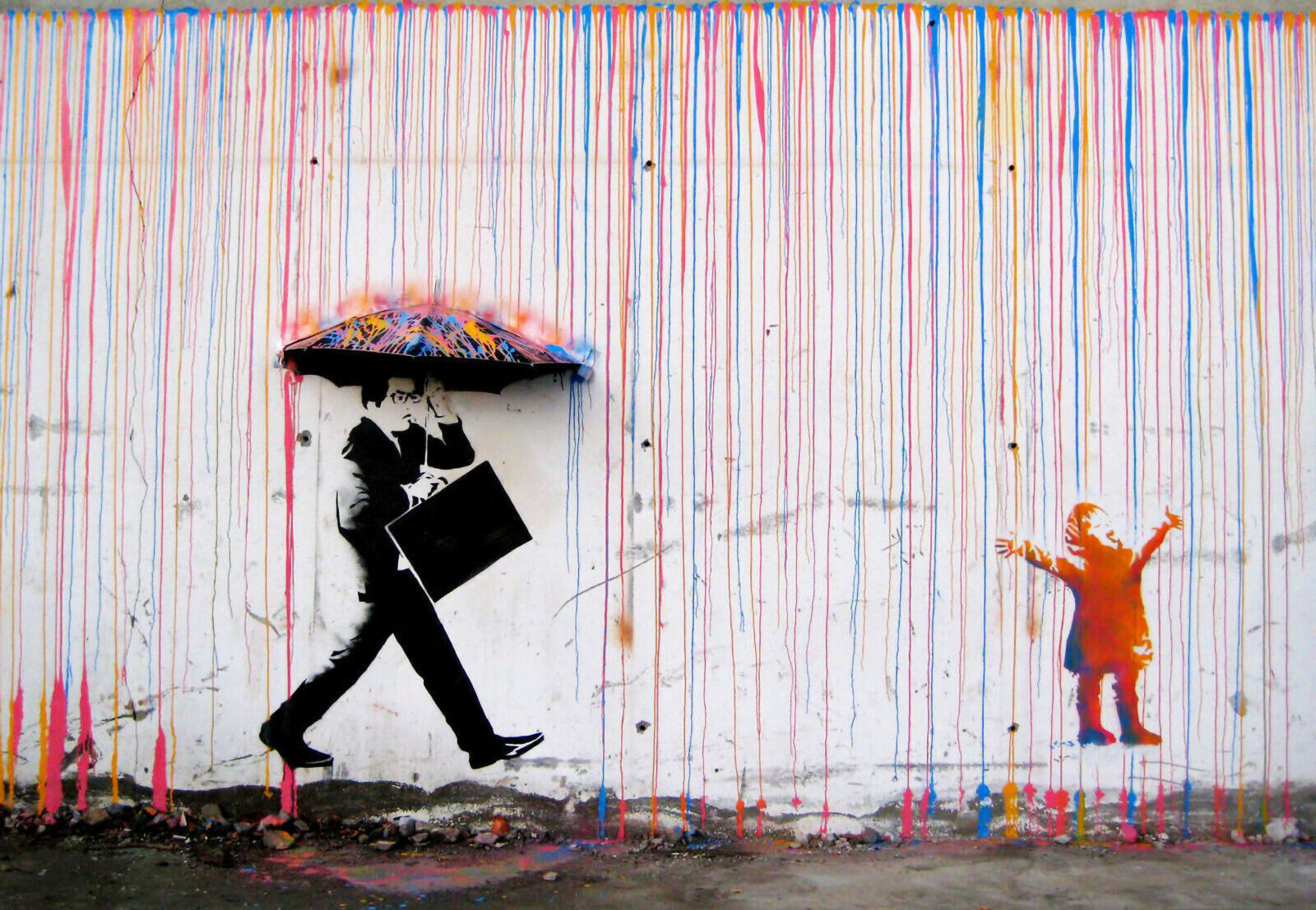 BANKSY COLOURED RAIN CANVAS WALL ART PICTURE PRINT