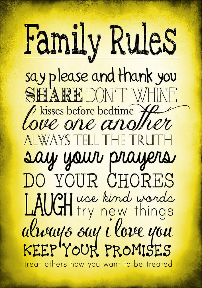 Yellow Family Rules Quote, Canvas Wall Art Print Picture ALL SIZES, ANY COLOUR