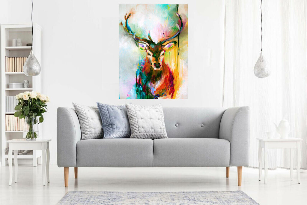 Colourful Stag Animal Abstract Painting Canvas Wall Art Picture Print