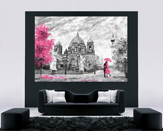 Pink Berlin City Umbrella Canvas Wall Art Picture Print Oil Painting