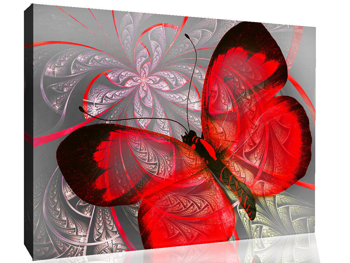 Abstract Canvas Print Floral Butterfly Red Grey Unique Wall Art Various Sizes