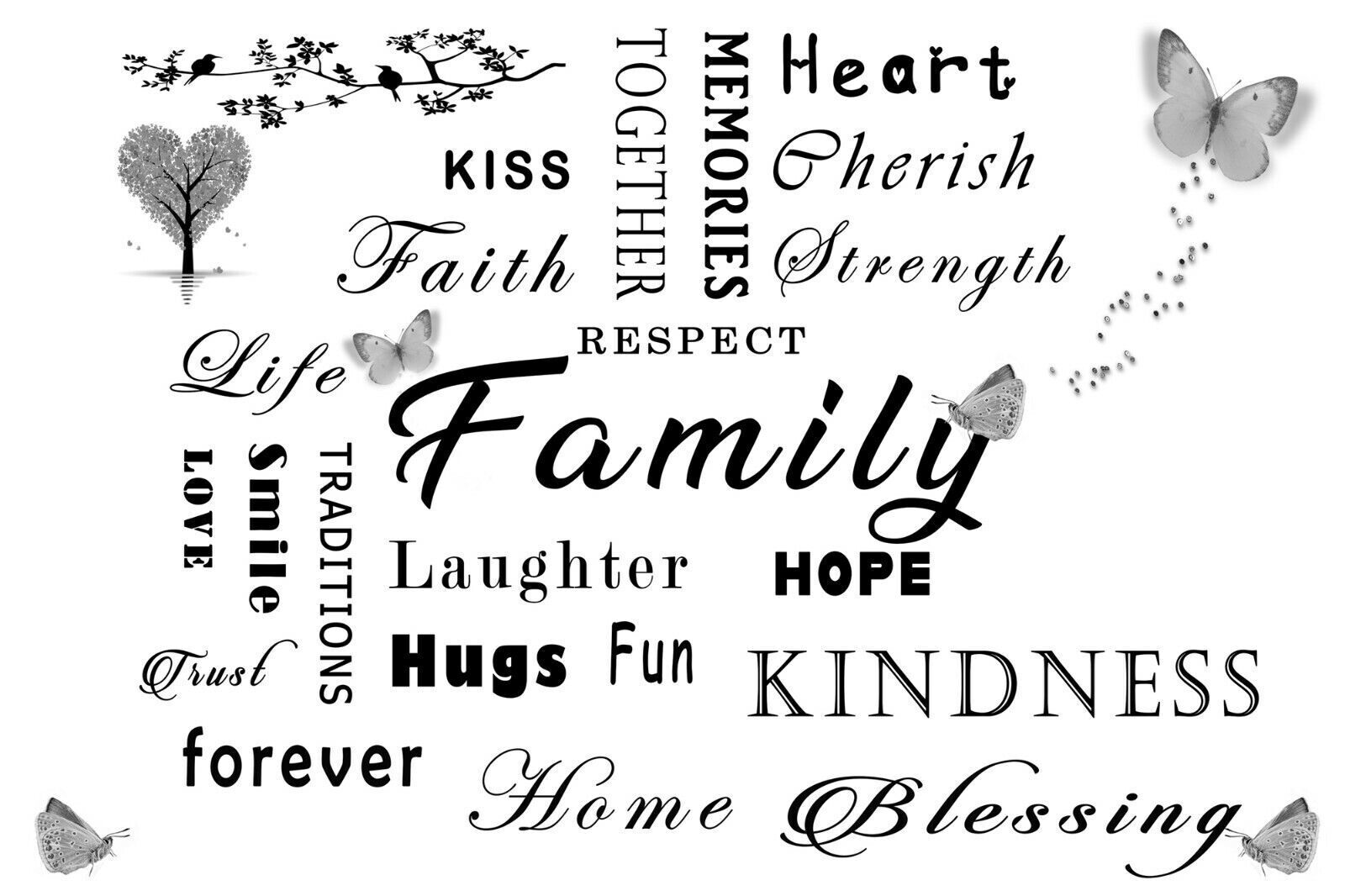 FAMILY QUOTE WORDS BLACK WHITE GREY BUTTERFLY CANVAS WALL ART Picture Print