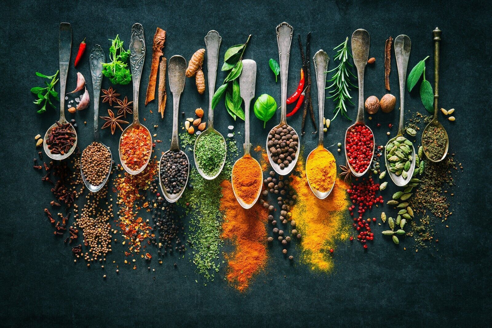 Herbs and Spices on Spoons Kitchen Canvas Wall Art Picture Print