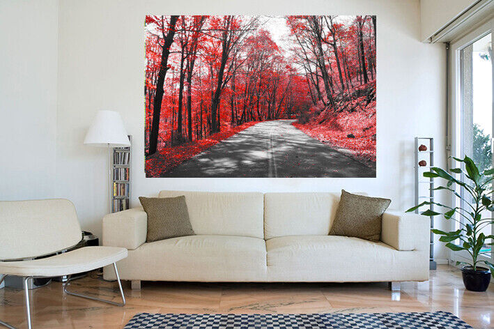 Red Trees Lined Road Landscape Canvas Wall Art Picture Print
