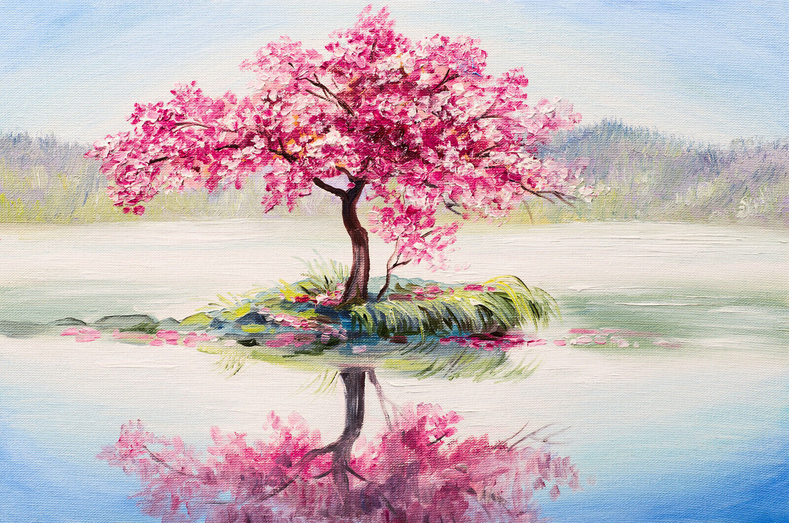 Japanese Oriental Cherry Tree on Lake Painting Canvas Wall Art Picture Print