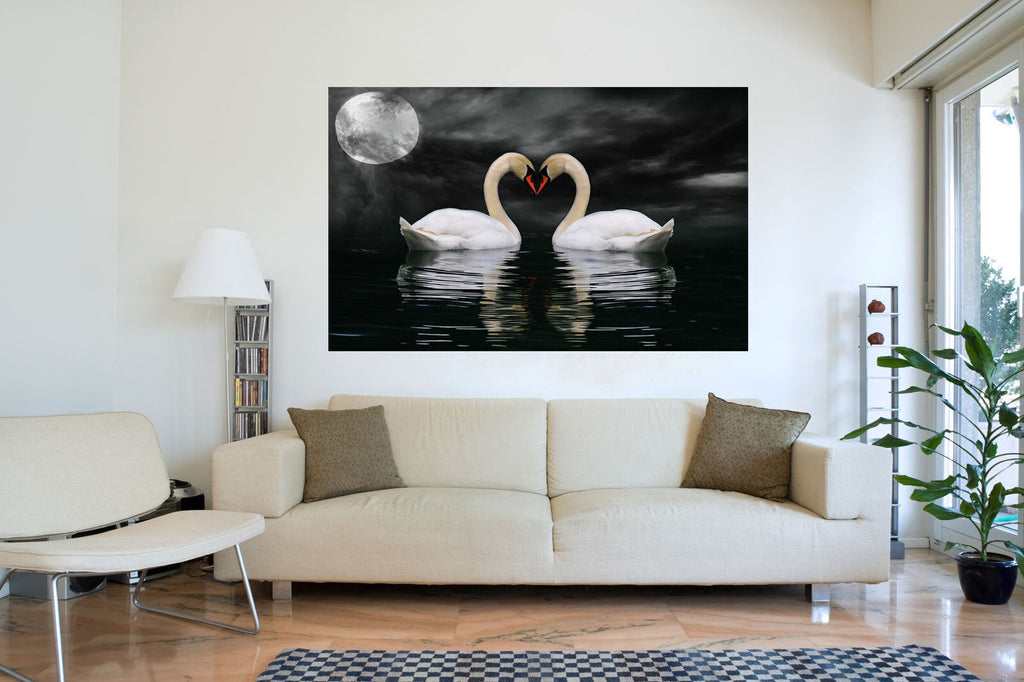 Swans in Moonlight -  Animal  CANVAS WALL ART Picture Print