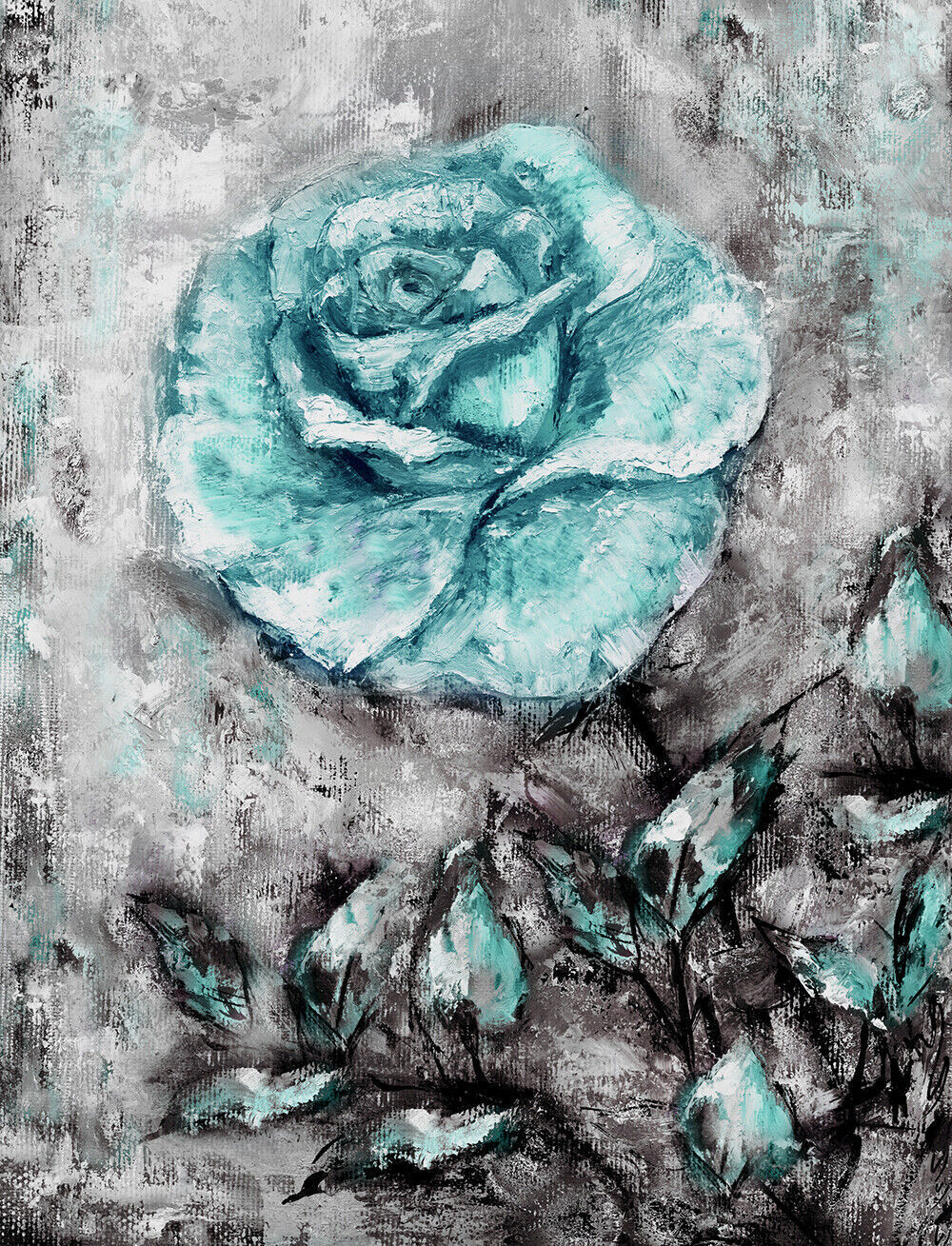 Duck Egg Blue Rose Flower Oil Painting Canvas Wall Art Picture Print