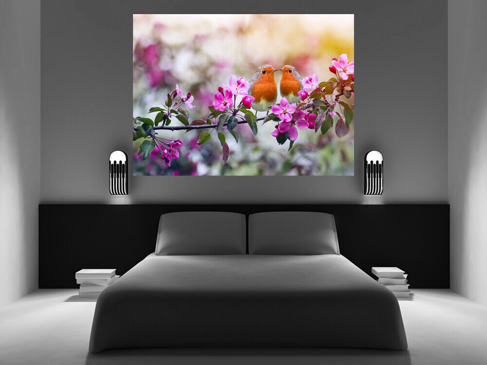Pair Robins / Birds on Floral Tree Canvas Wall Art Print Picture
