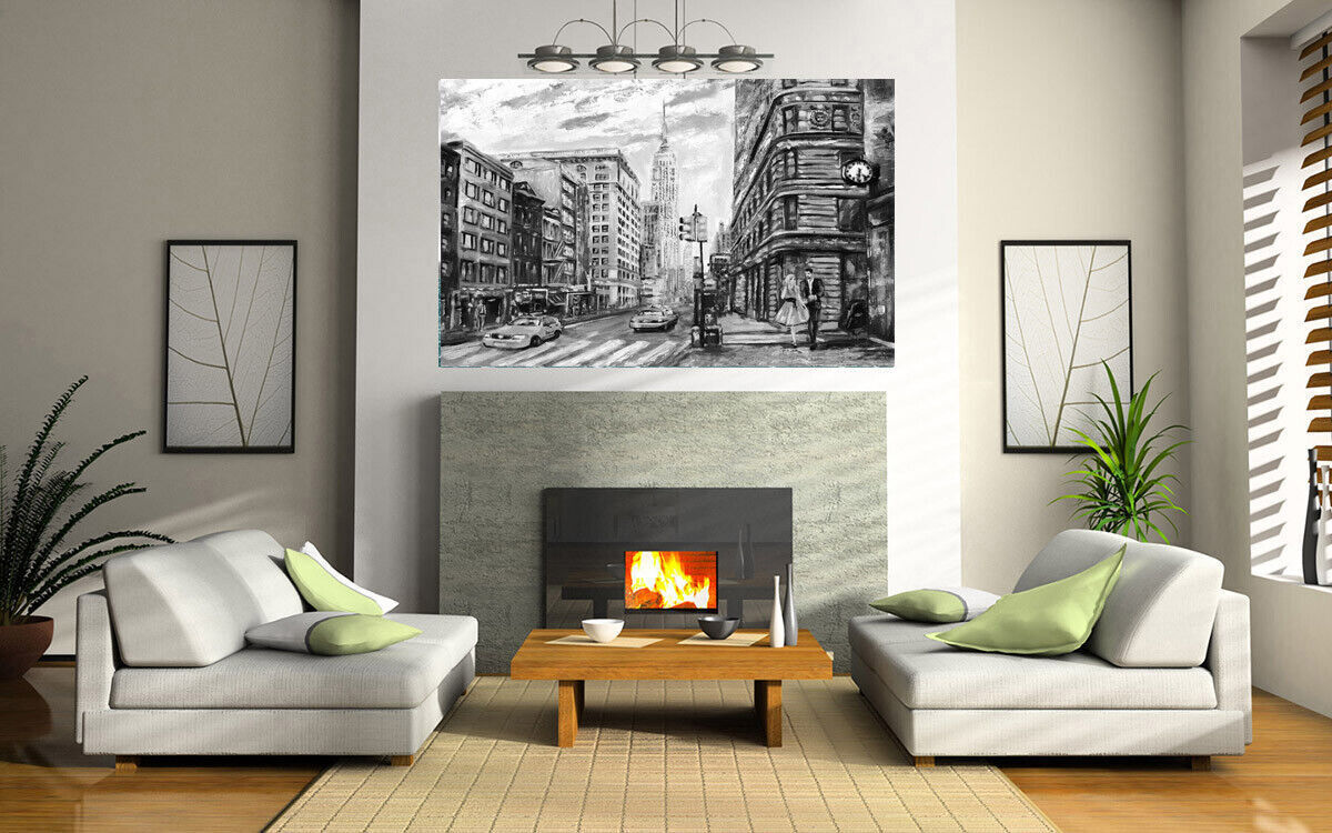 New York City Umbrella Canvas Wall Art Picture Print Oil Painting Black & White