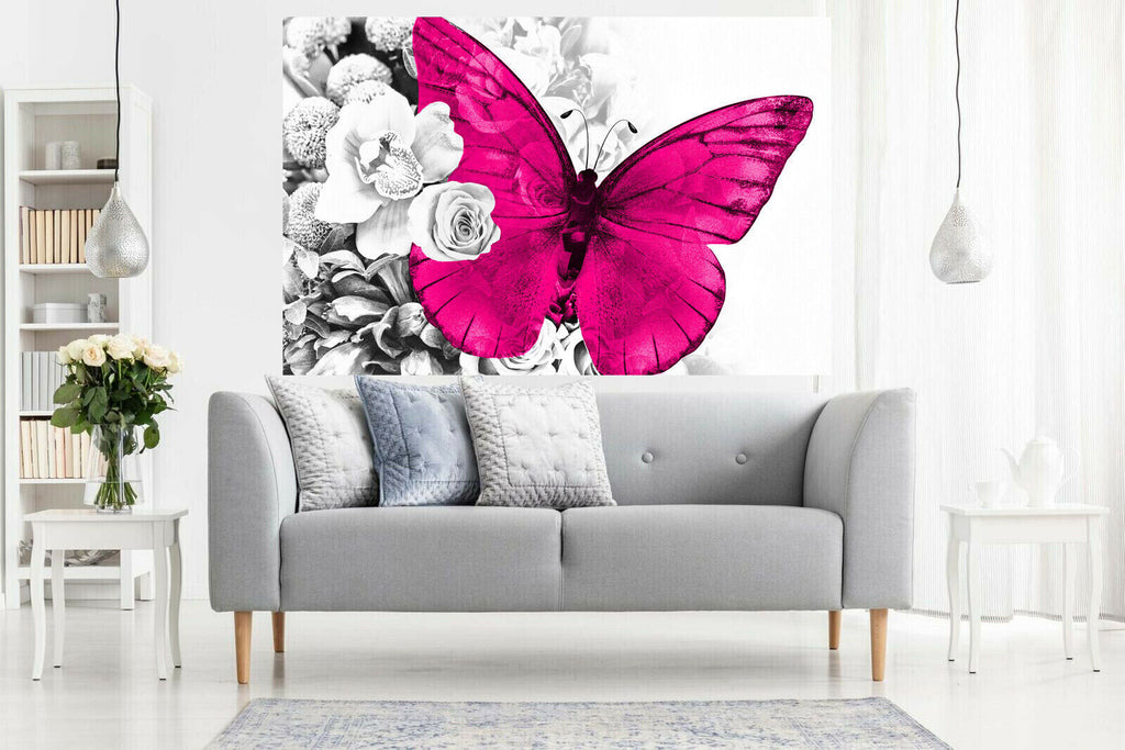 Pink butterfly on grey floral abstract background Canvas Wall Art Print