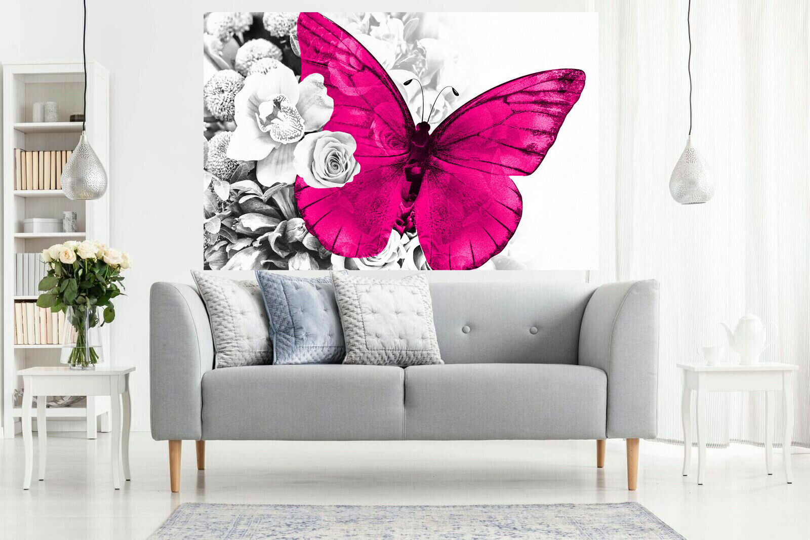 Pink butterfly on grey floral abstract background Canvas Wall Art Print