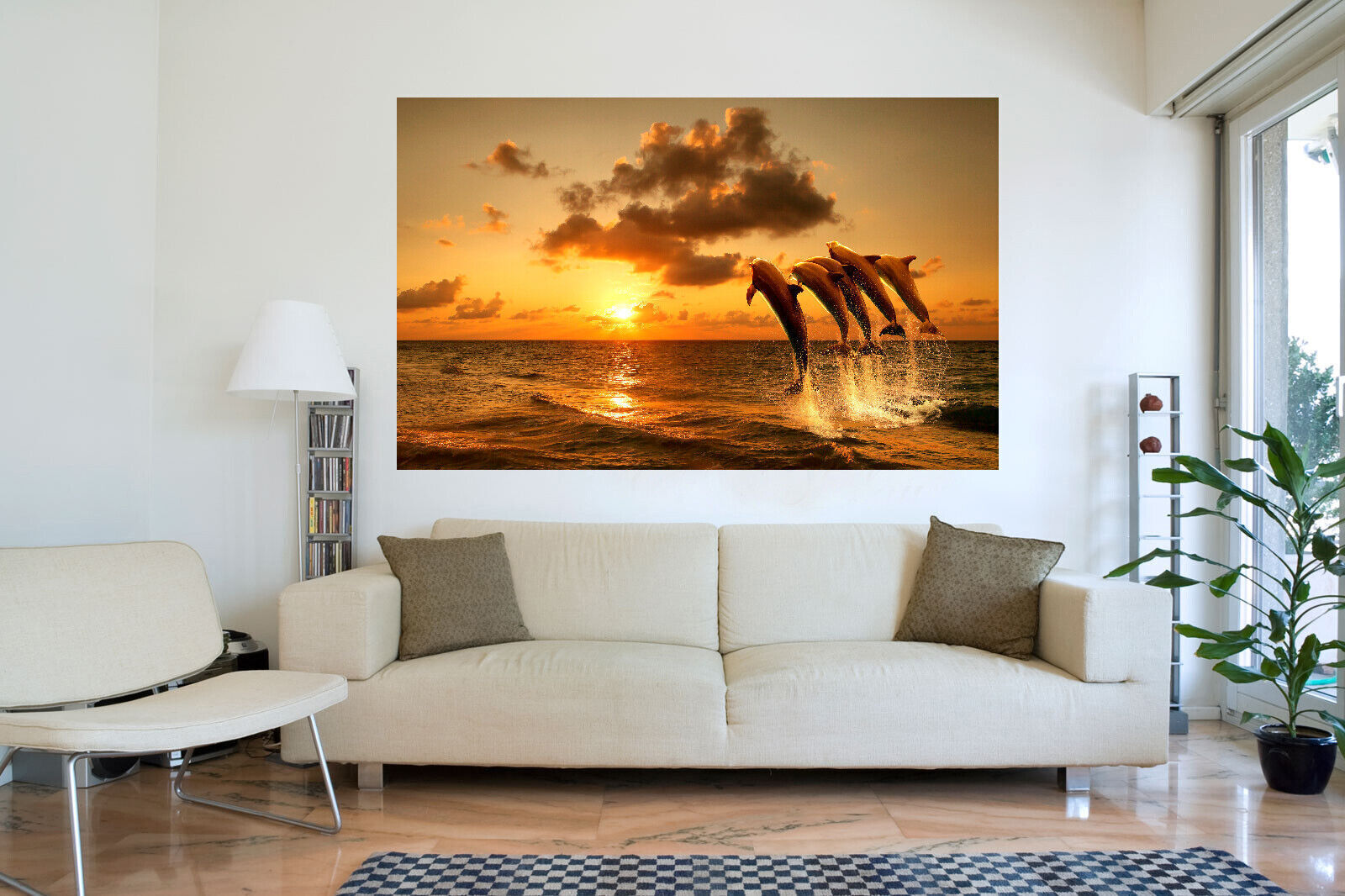 Yellow Sunset With Dolphins Jumping in Sea Canvas Wall Art Picture Print