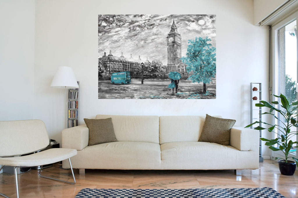 London Oil Painting Duck Egg Blue Bus Umbrella Canvas Wall Art Picture Print