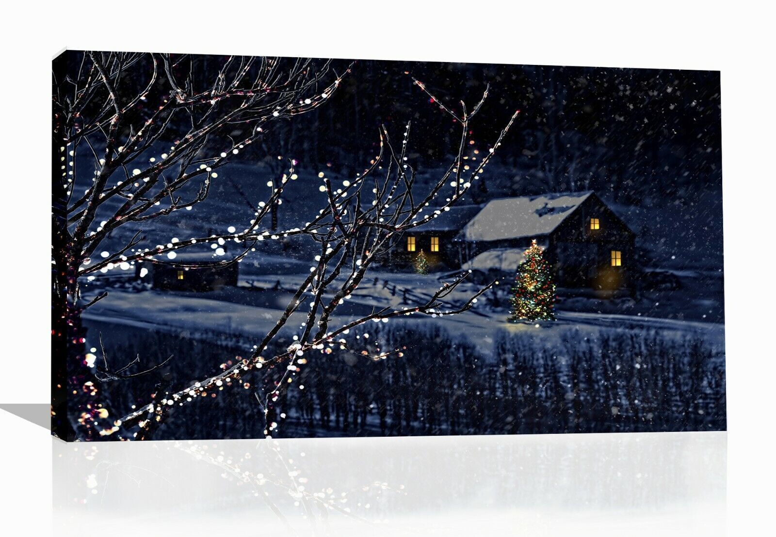 Snowy Winter Christmas Night in Village Landscape Canvas Wall Art Picture Print