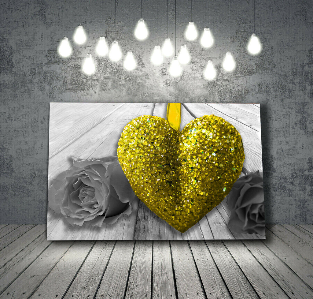 Mustard Yellow Heart & Rose Flower on grey wood Canvas Wall Art Picture Print