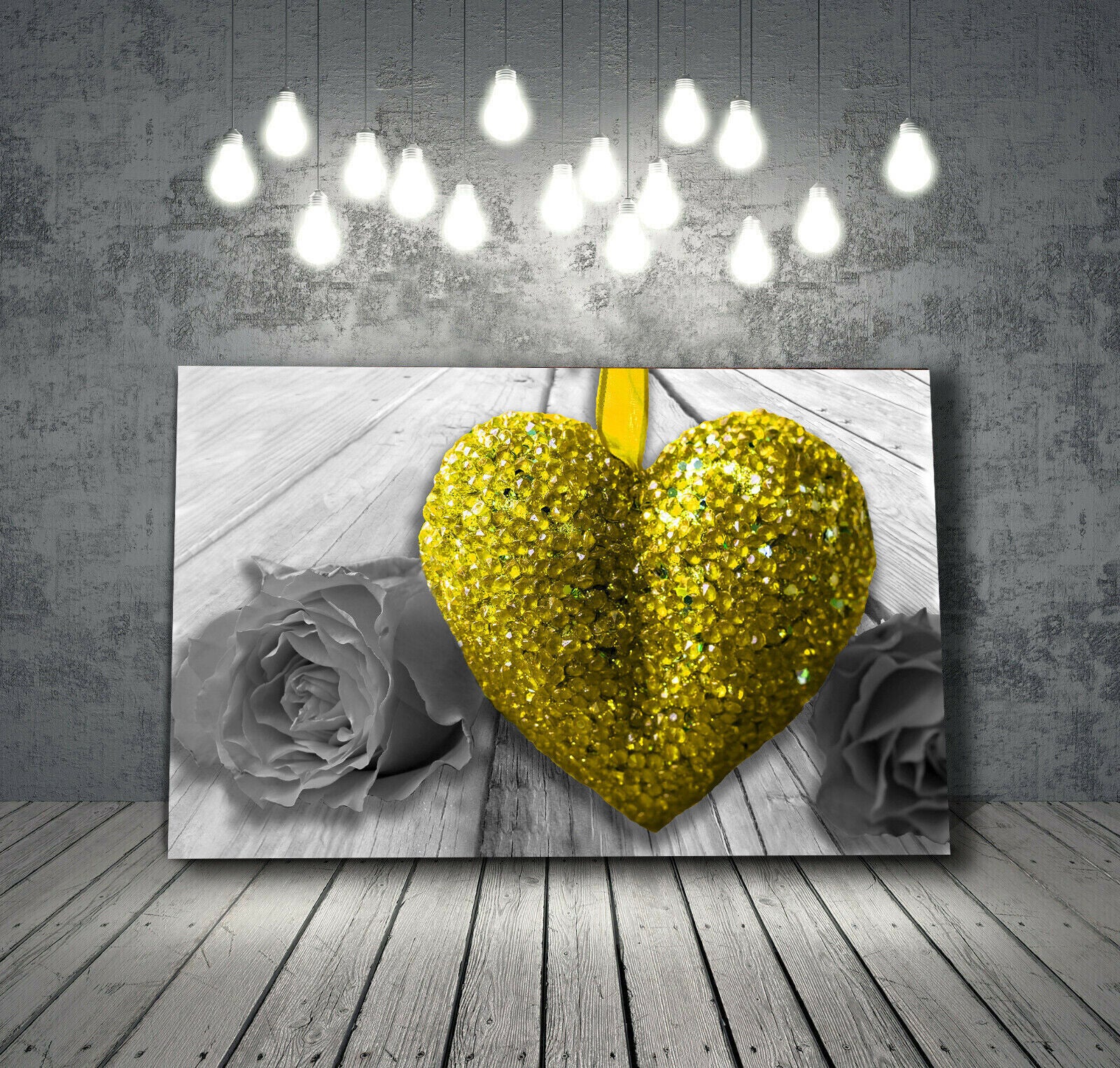 Mustard Yellow Heart & Rose Flower on grey wood Canvas Wall Art Picture Print