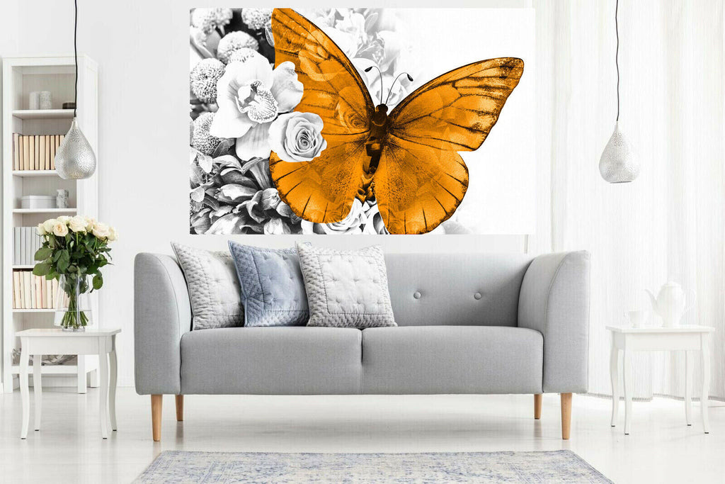 Orange butterfly grey floral abstract background Canvas Wall Art Picture Print