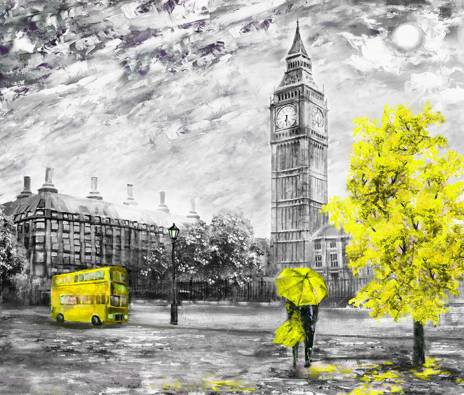 London Oil Painting Yellow Bus Umbrella Canvas Wall Art Picture Print
