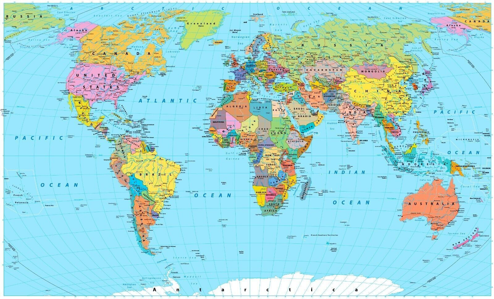 High Detail World Map Canvas Wall Art Picture Print