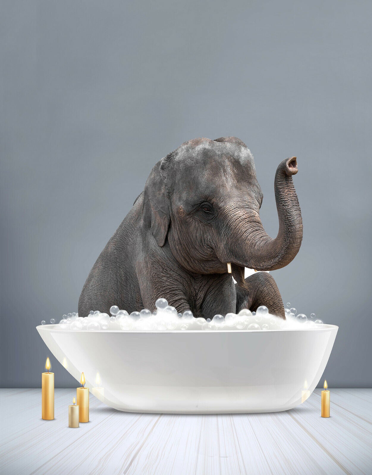 Elephant taking a bath CANVAS WALL ART Picture Print - Grey