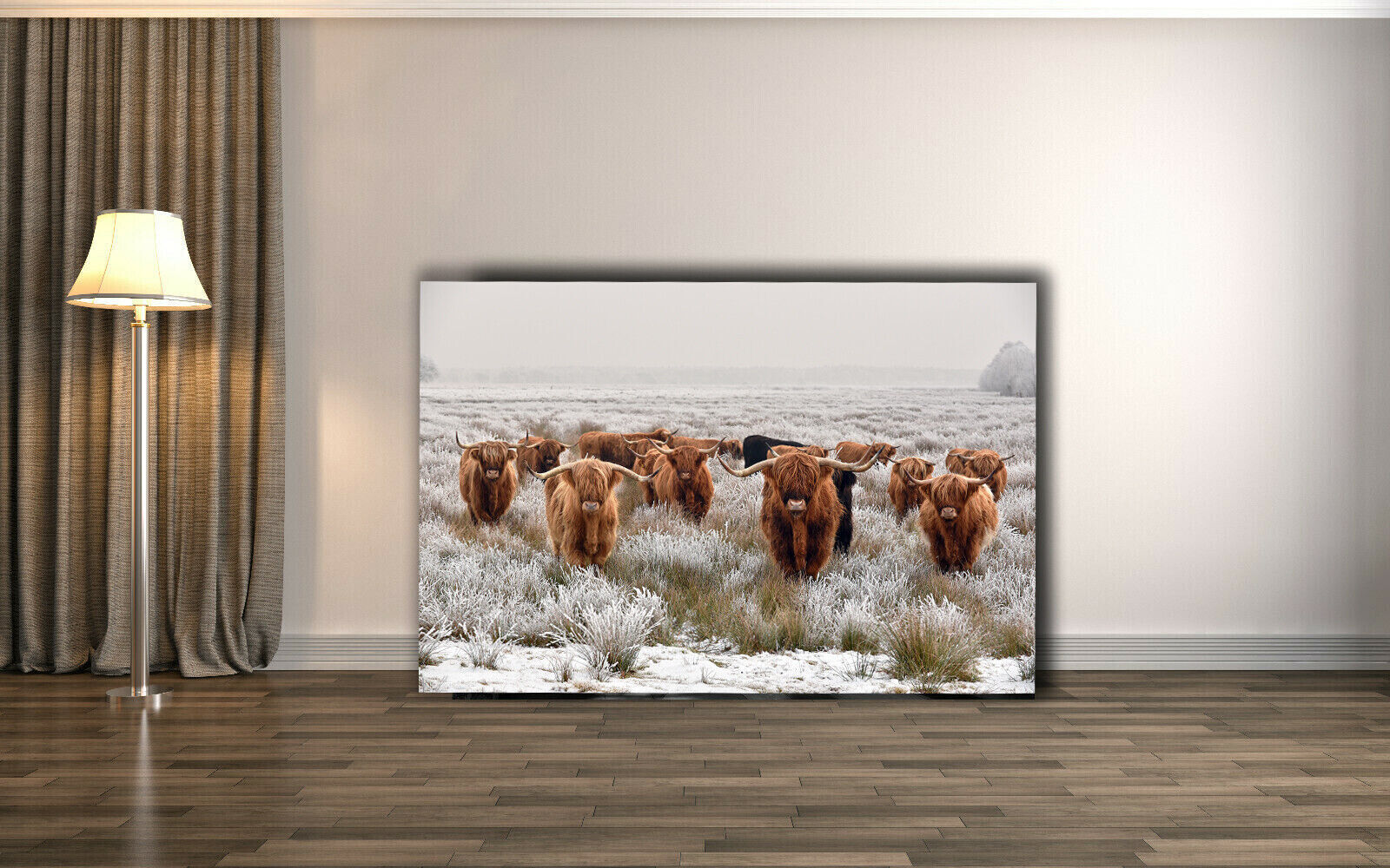 Herd Highland Cows in Winter Canvas Wall Art Picture Print - Brown grey