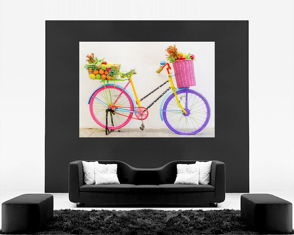 Modern Colourful Bike with basket fruit abstract Canvas Wall Art Picture Print
