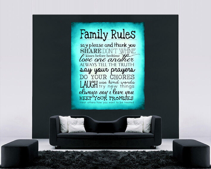 Teal Family Rules Quote, Canvas Wall Art Print Picture ALL SIZES, ANY COLOUR