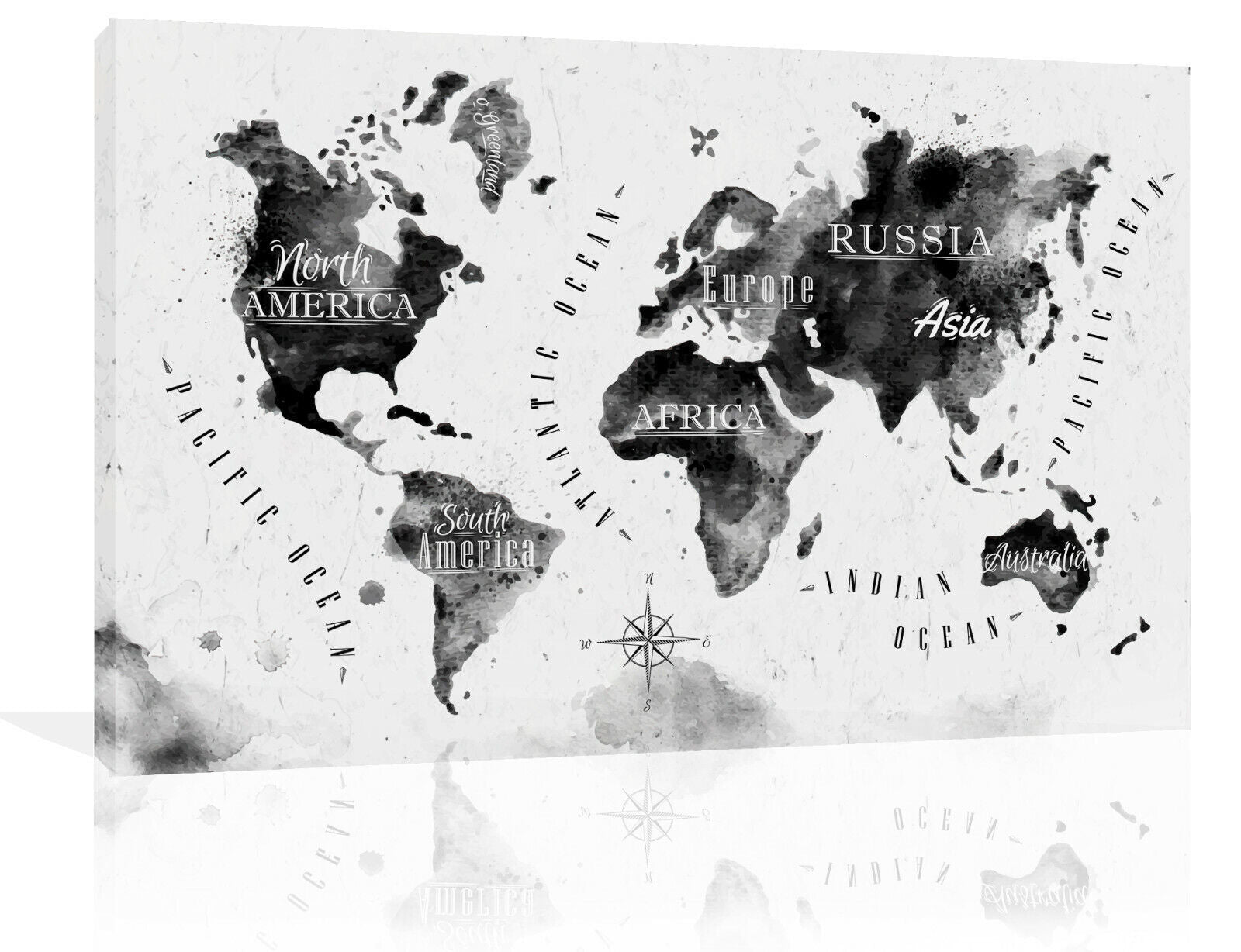 Watercolour Black Grey Abstract World Map Canvas Wall Art Picture Print