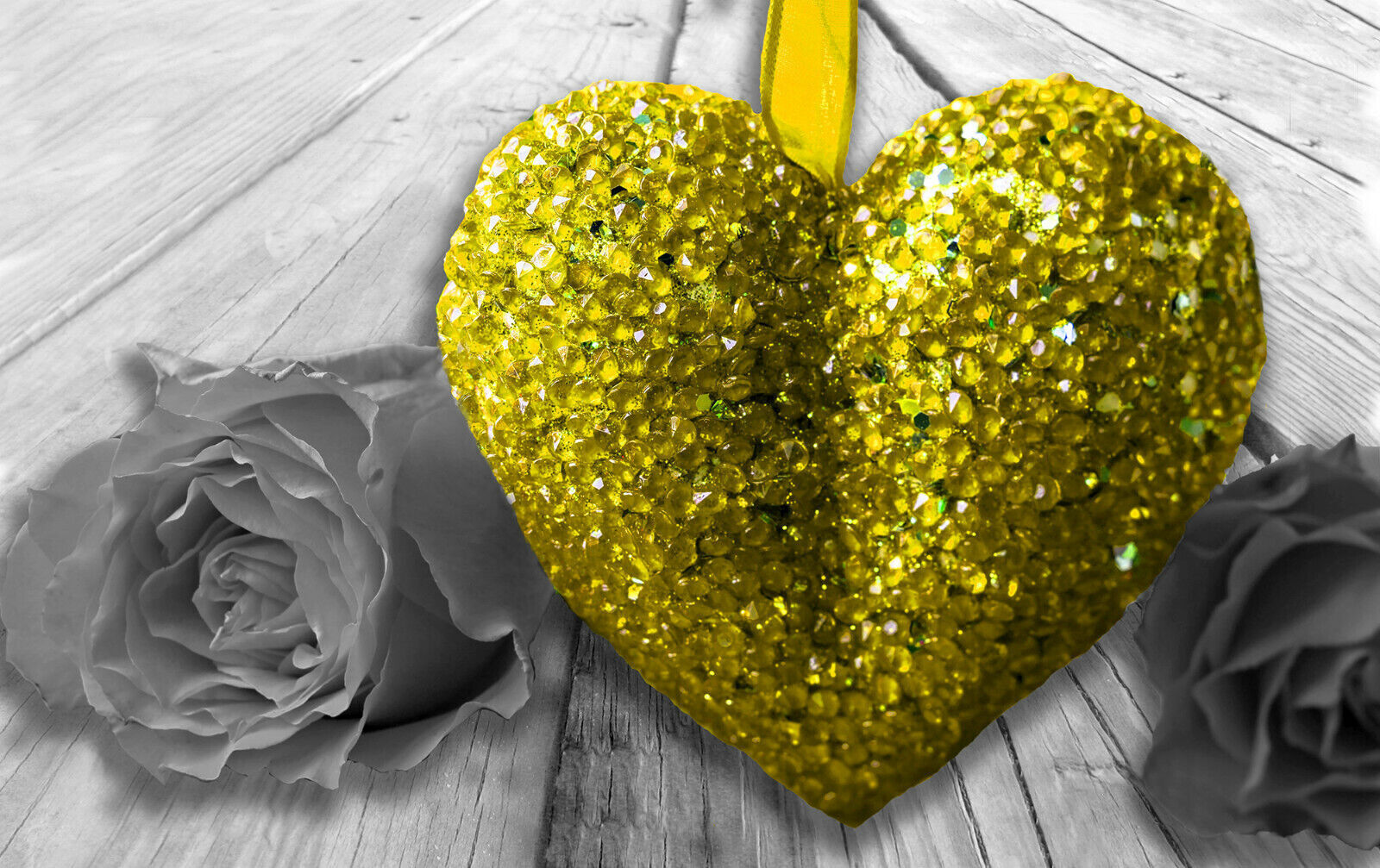 Mustard Yellow Heart & Rose Flower on grey wood Canvas Wall Art Picture Print