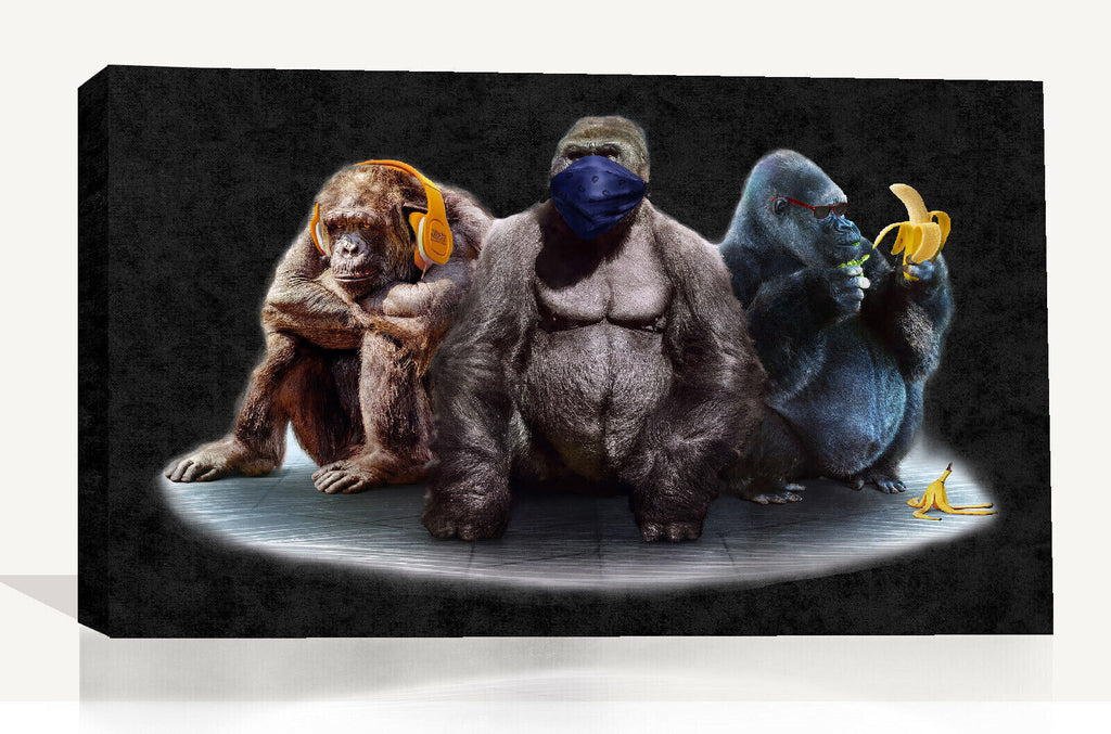 3 Modern Wise Gorillas Abstract Canvas Wall Art Picture Print - Black