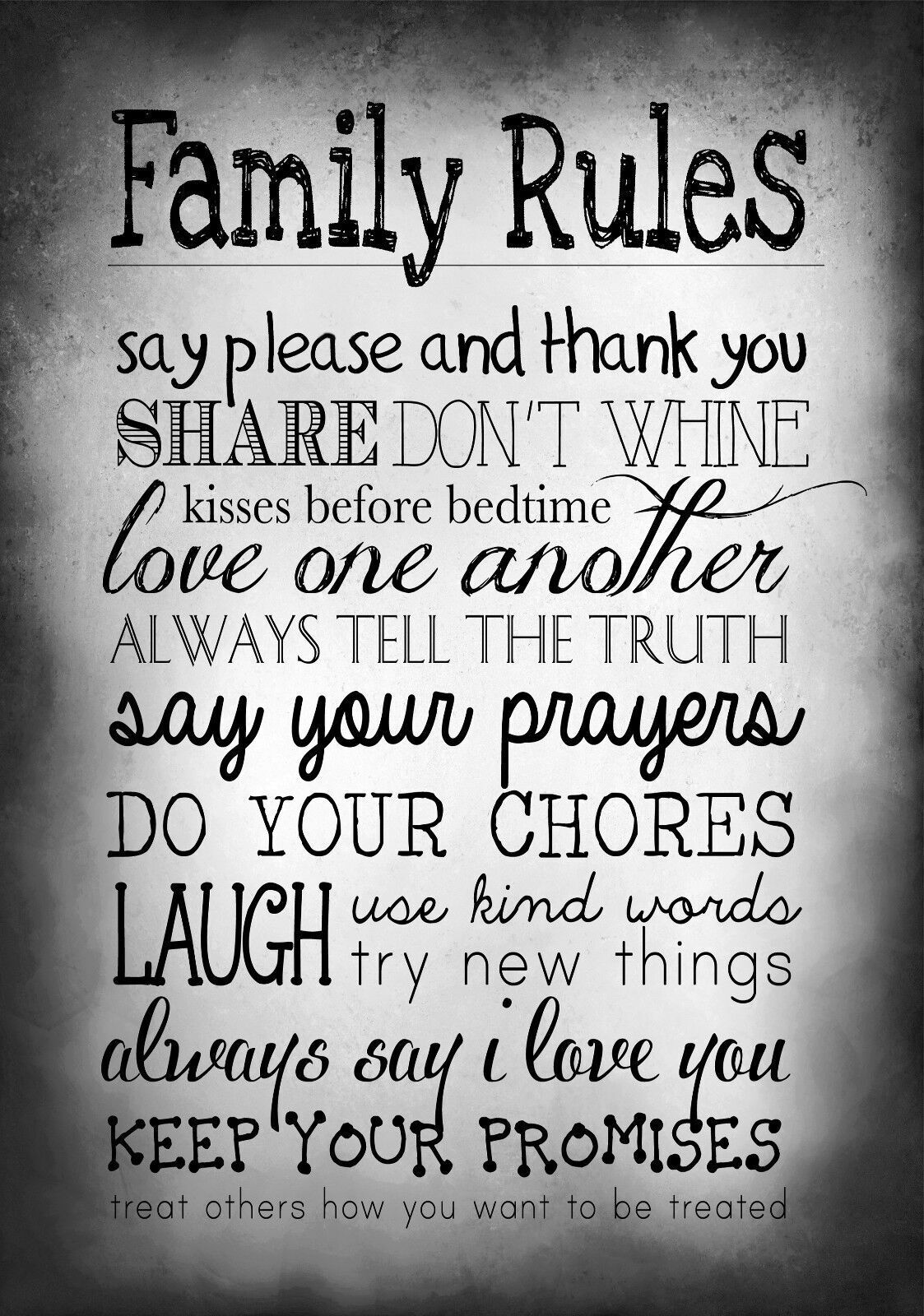 Black & White Family Rules Quote, Canvas Wall Art Print ALL SIZES, ANY COLOUR