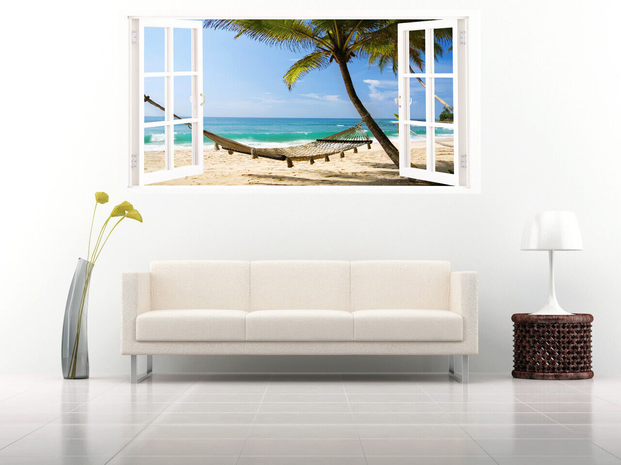 Hammock on Caribbean Beach Through Window CANVAS WALL ART Picture Print