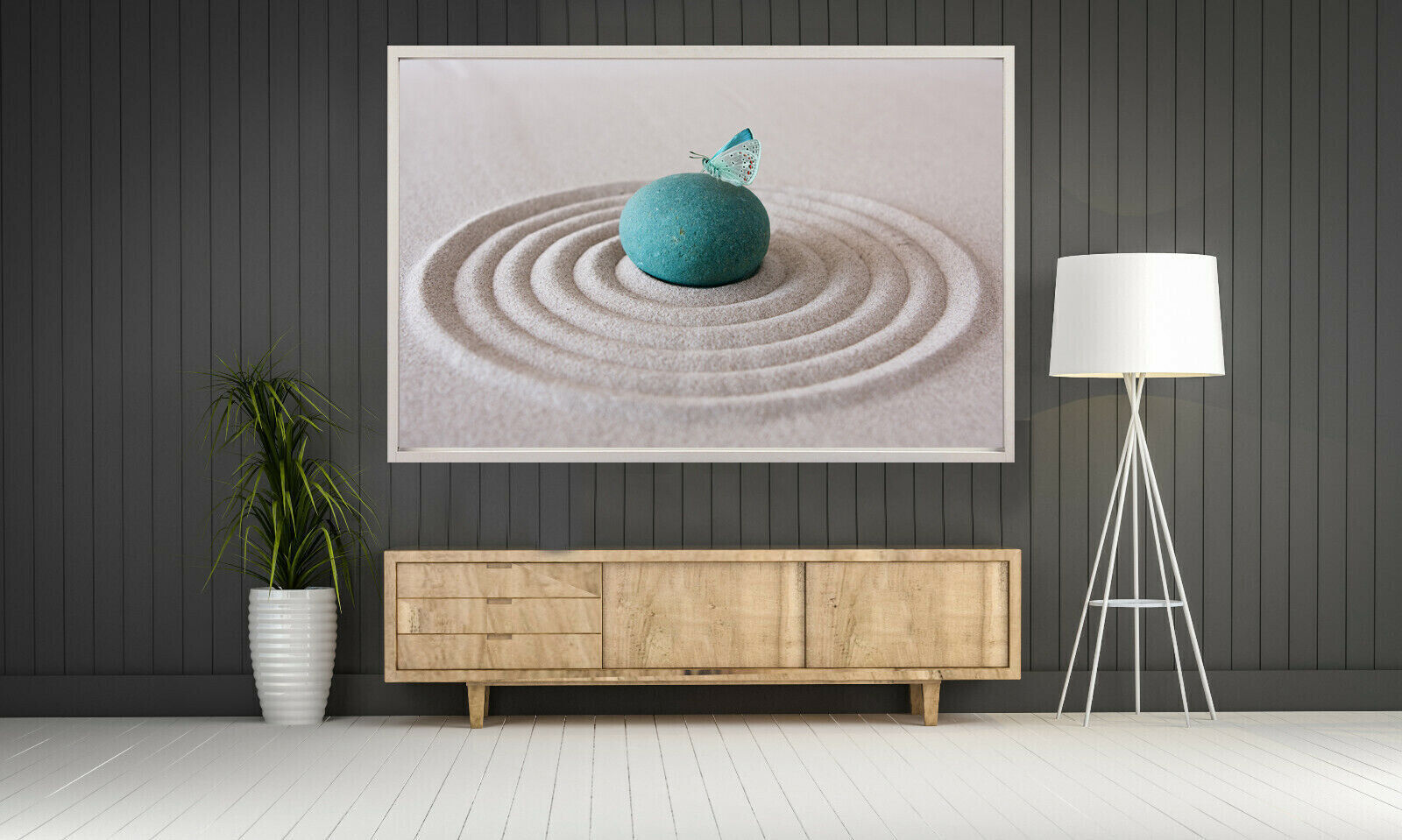 DUCK EGG BLUE ZEN PEBBLE & BUTTERFLY SAND RIPPLE Canvas Wall Art Picture Print