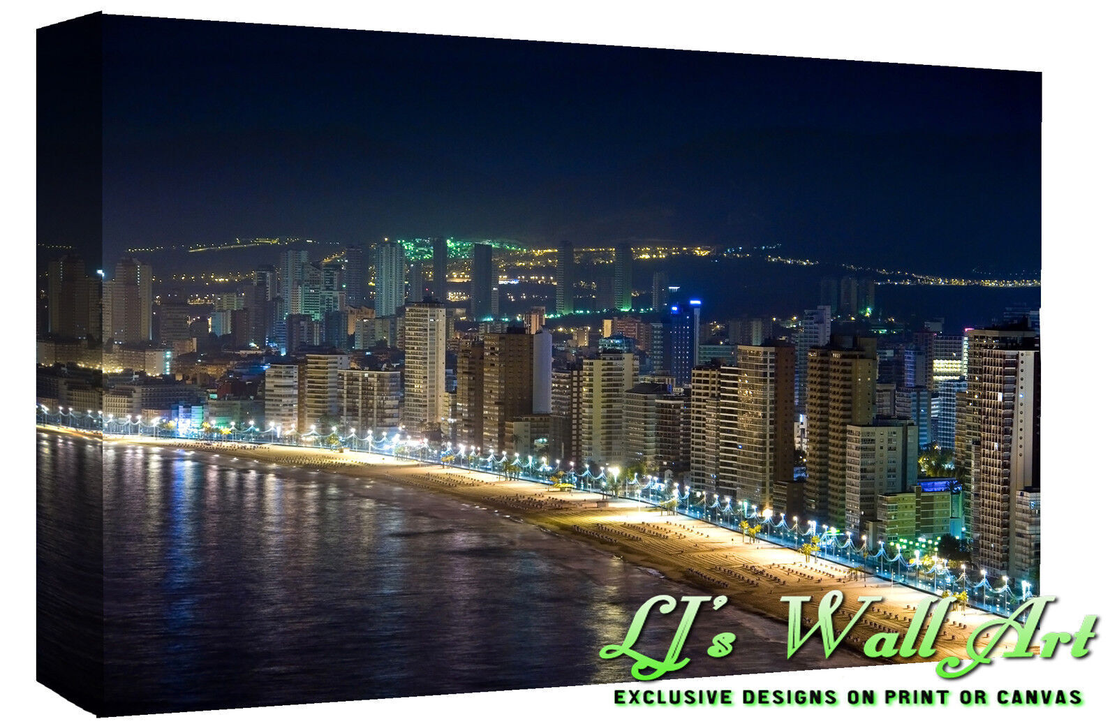 Benidorm Beach Landscape at Night Canvas Wall Art Picture - A1, A2, A0 ALL SIZES