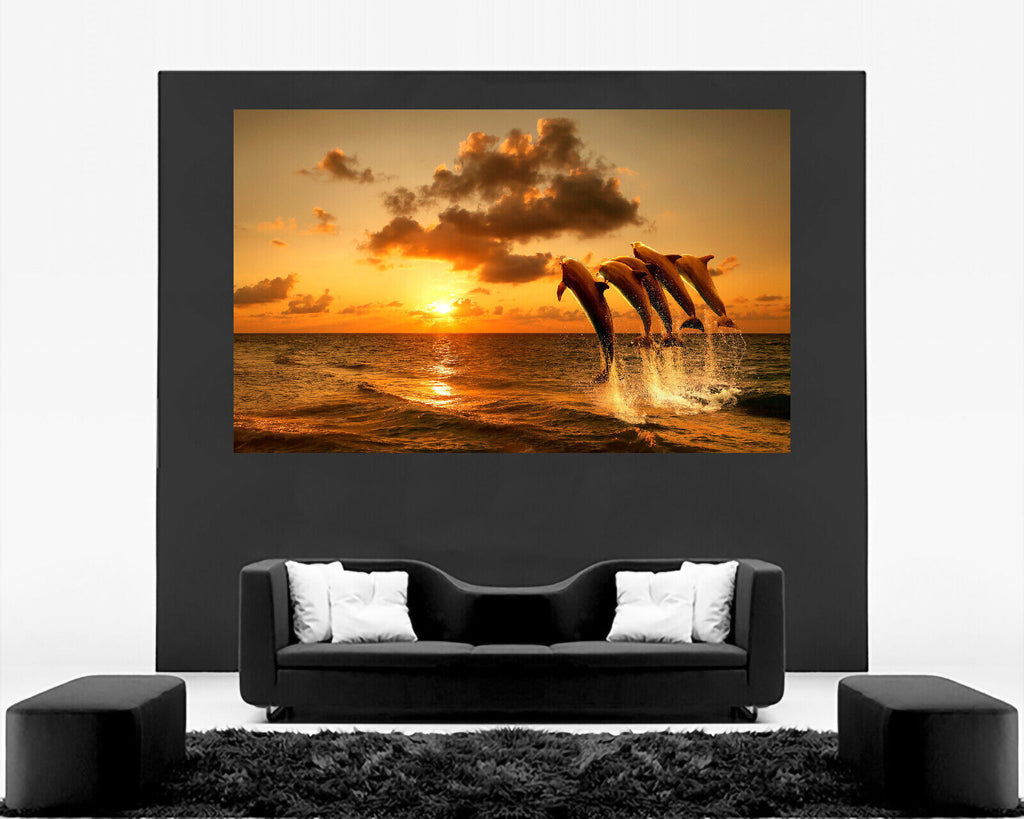 Yellow Sunset With Dolphins Jumping in Sea Canvas Wall Art Picture Print