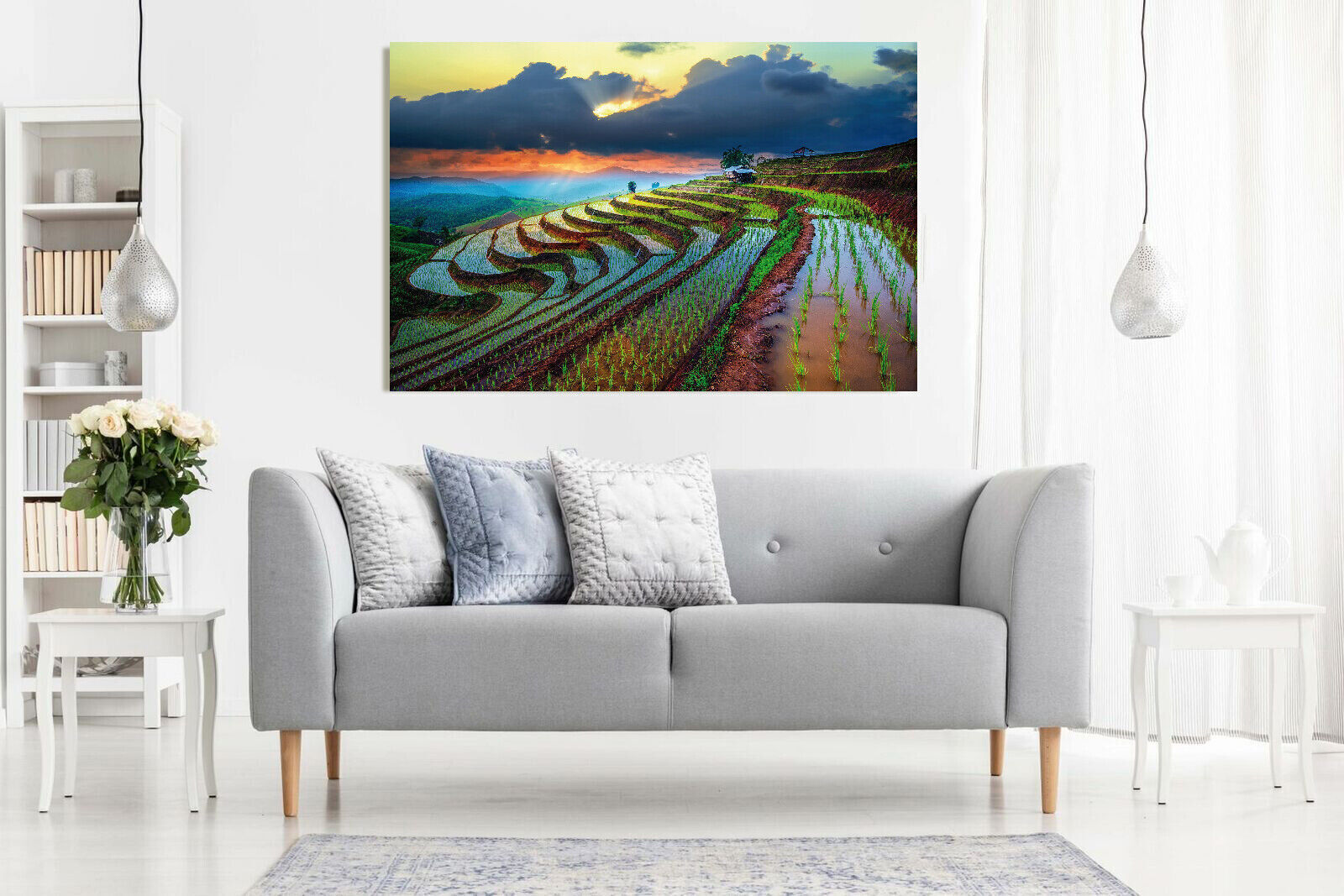 Sunset Over Paddy Field in Thailand  Canvas Wall Art Picture Print