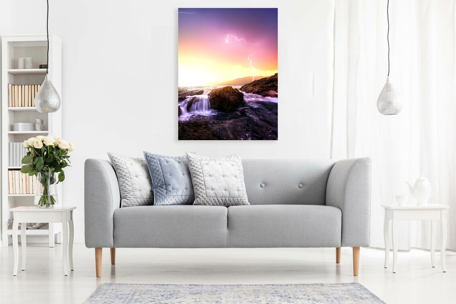 Landscape Lightening above the sea  Canvas Wall Art Picture Print - Purple