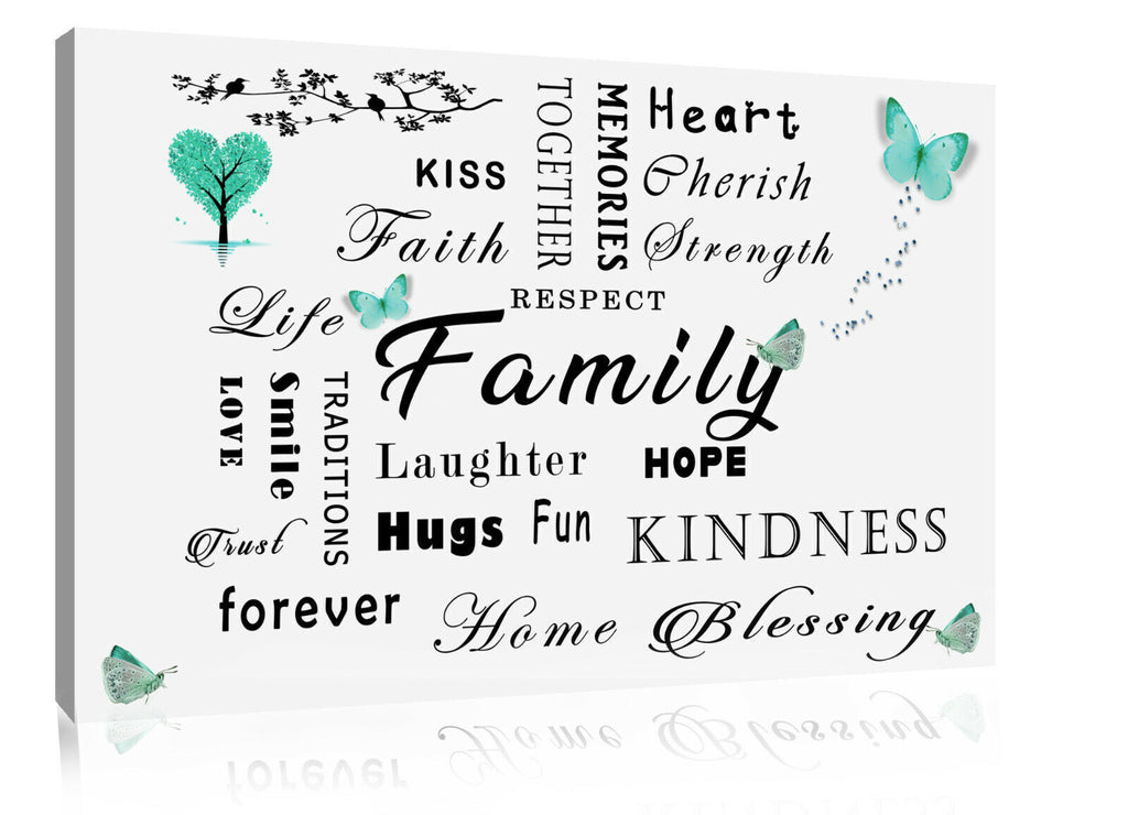 FAMILY QUOTE WORDS DUCK EGG BLUE BUTTERFLY CANVAS WALL ART Picture Print